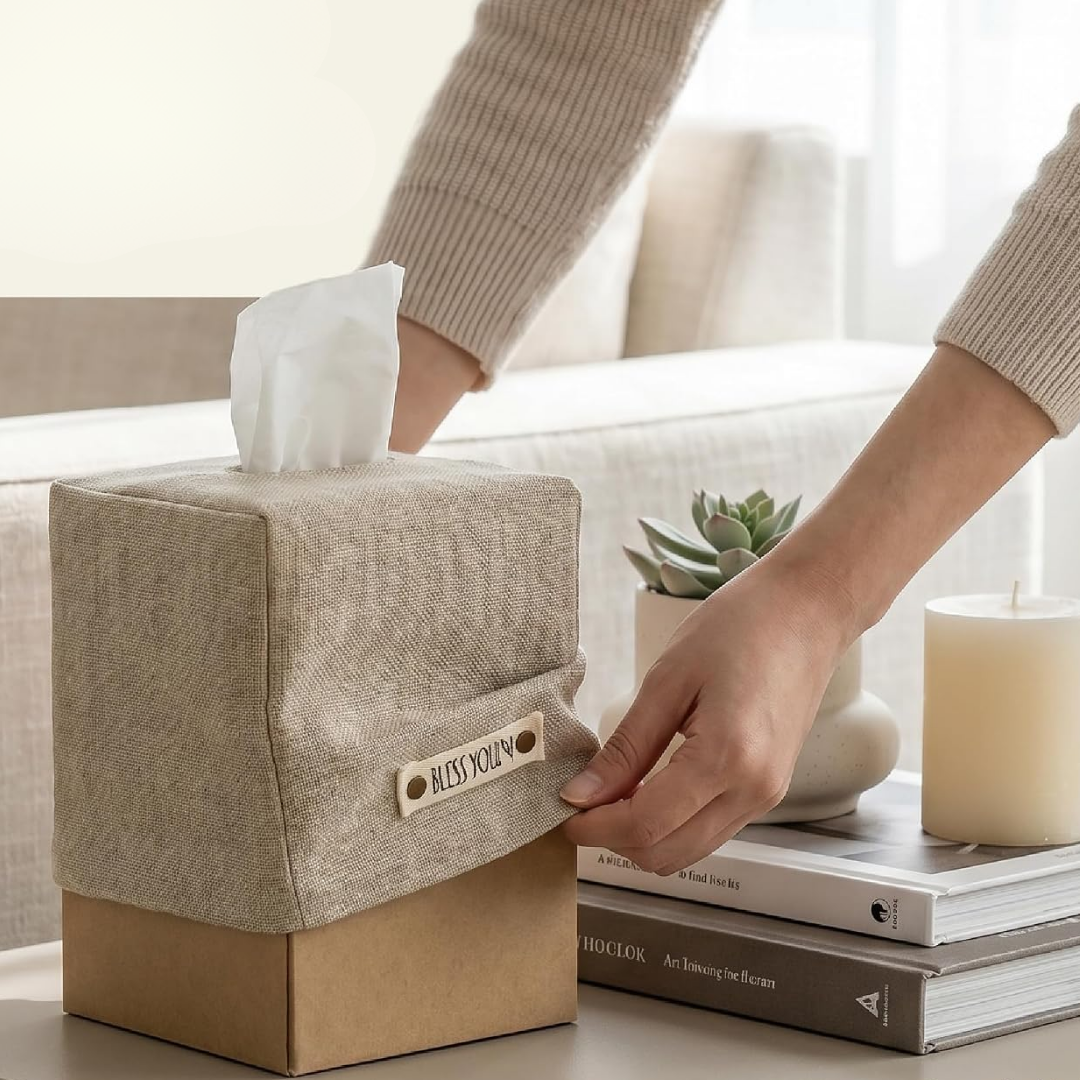 Linnekläd - Stilrent mjukpappersfodral i linnetextur med dekorativ detalj